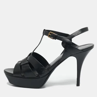 Pre-owned Saint Laurent Black Leather Tribute Platform Sandals Size 40