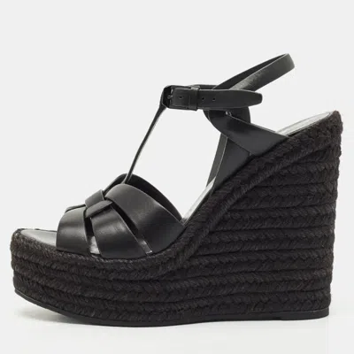 Pre-owned Saint Laurent Black Leather Tribute Wedge Espadrille Sandals Size 37.5