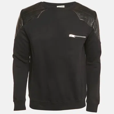 Pre-owned Saint Laurent Black Leather Trim Cotton Crewneck Sweatshirt L
