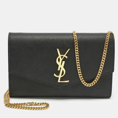 Pre-owned Saint Laurent Black Leather Uptown Wallet On Chain
