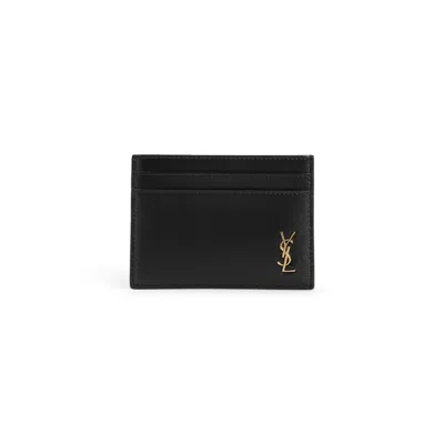 Saint Laurent Tiny Cassandre Credit Card Case In Shiny Leather In Brown
