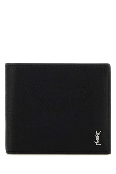 Saint Laurent Black Leather Wallet In Blue
