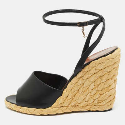 Pre-owned Saint Laurent Black Leather Wedge Espadrille Sandals Size 40.5