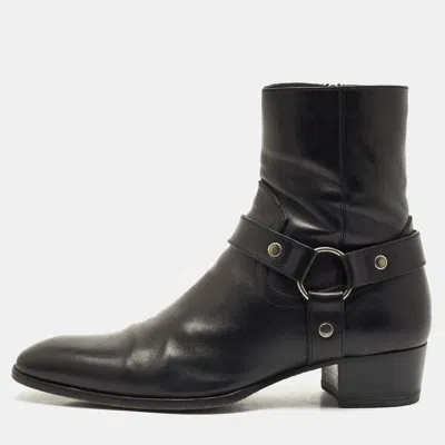 Pre-owned Saint Laurent Black Leather Wyatt Harness Ankle Boots Size 45