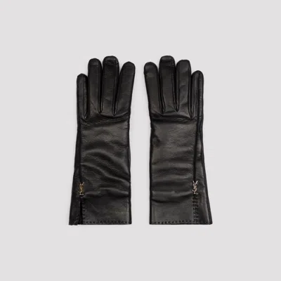 Saint Laurent Black Leather Cassandre Gloves