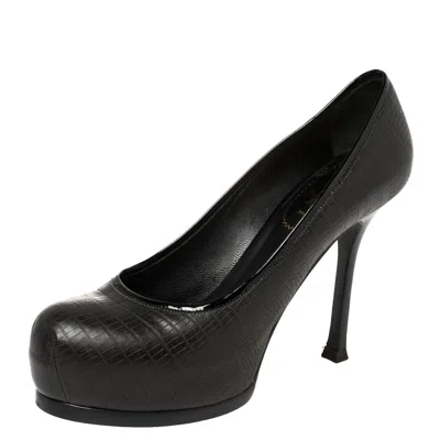 Pre-owned Saint Laurent Black Lizard Embossed Leather Tribtoo Platform Pumps Size 36