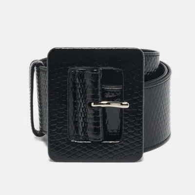 Pre-owned Saint Laurent Black Lizard Embossed Patent Leather Buckle Wide Belt 75cm