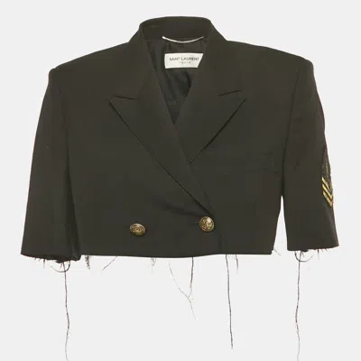 Pre-owned Saint Laurent Black Logo Applique Detail Wool Raw Edge Cropped Jacket L