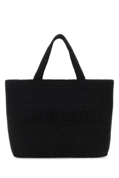Saint Laurent Black Logo-embossed Raffia Tote Bag