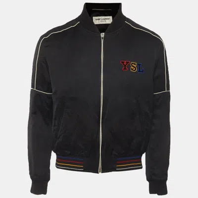 Pre-owned Saint Laurent Black Logo Embroidered Satin Bomber Jacket M
