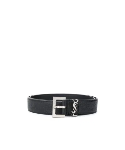 SAINT LAURENT BLACK LOGO SQUARE BUCKLE BELT