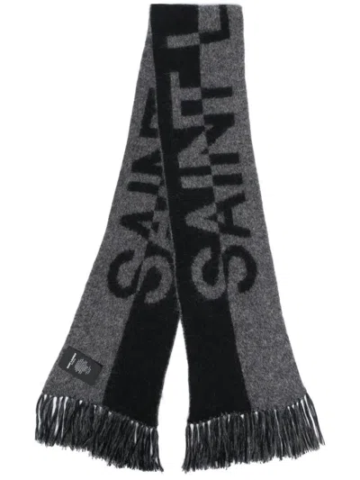 SAINT LAURENT BLACK LOGO WOOL BLEND SCARF