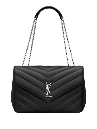 Saint Laurent Large Loulou Quilted Logo Shoulder Bag In Black
