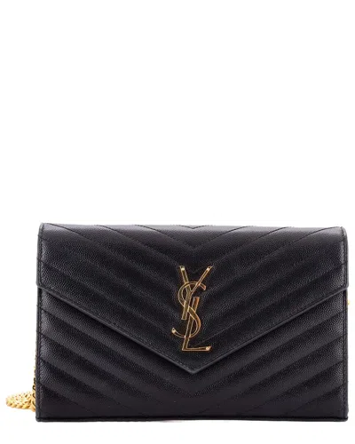 Pre-owned Saint Laurent Black Matelasse Chevron Leather Classic Monogram Wallet On Chain  Medium (authentic Pr