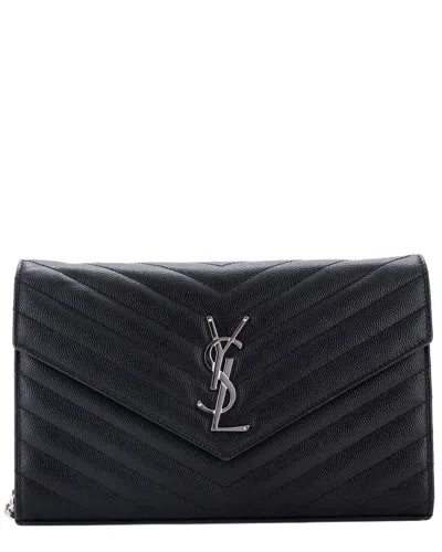 Pre-owned Saint Laurent Black Matelasse Chevron Leather Classic Monogram Wallet On Chain  Medium (authentic Pr