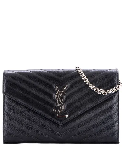 Pre-owned Saint Laurent Black Matelasse Chevron Leather Classic Monogram Wallet On Chain  Medium (authentic Pr