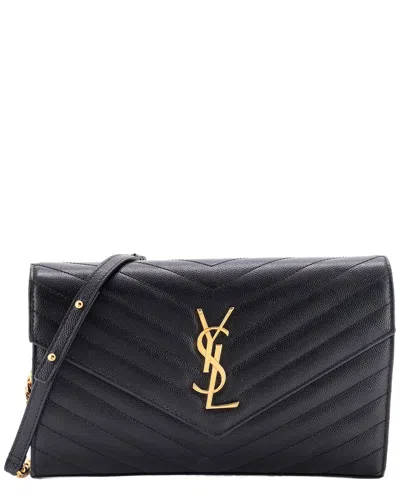 Pre-owned Saint Laurent Black Matelasse Chevron Leather Classic Monogram Wallet On Chain Medium (authentic Pre