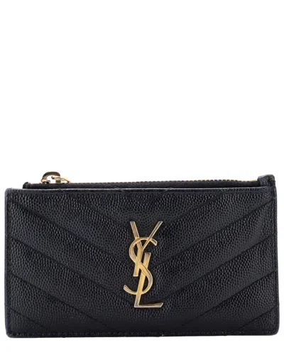 Pre-owned Saint Laurent Black Matelasse Chevron Leather Monogram Fragments Zip Card  Holder (authentic Pre-lov