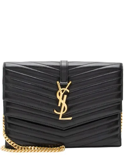 Pre-owned Saint Laurent Black Matelasse Lambskin Monogram Sulpice Chain Wallet  (authentic Pre-loved)