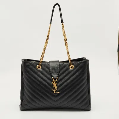 Pre-owned Saint Laurent Black Matelasse Leather Cassandre Shopper Tote