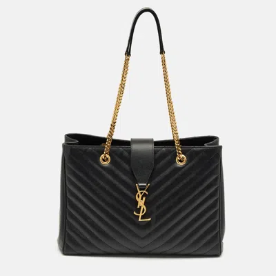 Pre-owned Saint Laurent Black Matelassé Leather Cassandre Shopper Tote