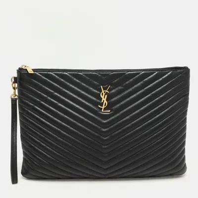 Pre-owned Saint Laurent Black Matelasse Leather Cassandre Wristlet Pouch