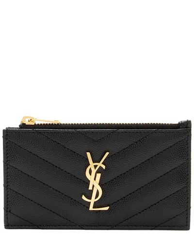 Pre-owned Saint Laurent Black Matelassé Leather Fragments Zipper Card Case (authentic Pre-loved)