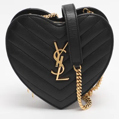 Pre-owned Saint Laurent Black Matelasse Leather Heart Chain Bag