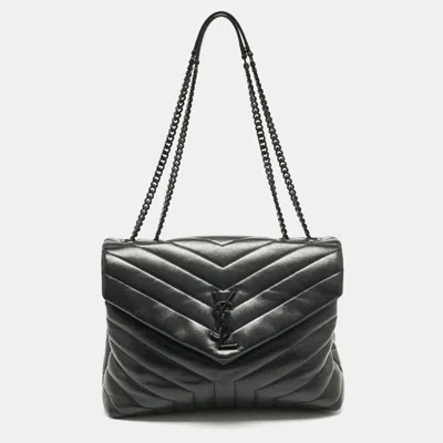 Pre-owned Saint Laurent Black Matelassé Leather Medium Loulou Shoulder Bag