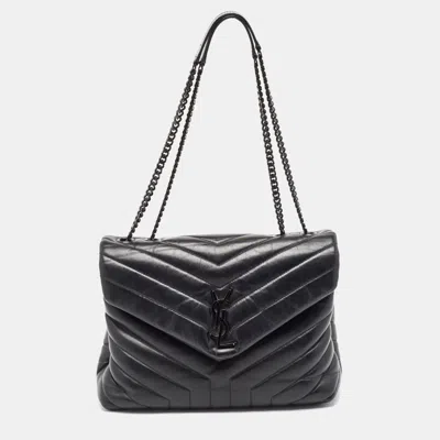 Pre-owned Saint Laurent Black Matelassé Leather Medium Loulou Shoulder Bag