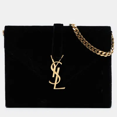 Pre-owned Saint Laurent Black Medium Chevron Velvet Monogram Envelope Bag