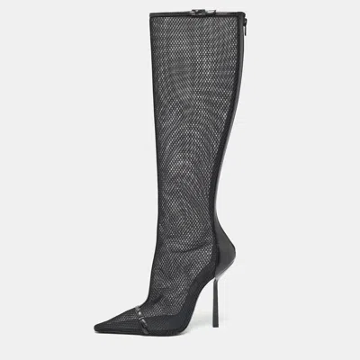 Pre-owned Saint Laurent Black Mesh And Leather Knee Length Boots Size 39