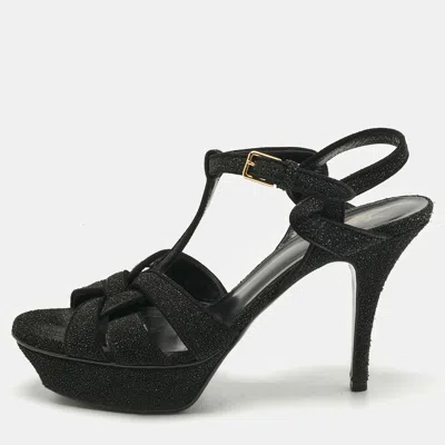 Pre-owned Saint Laurent Black Metallic Embossed Suede Tribute Platform Sandals Size 39