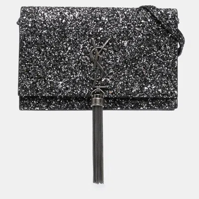 Pre-owned Saint Laurent Black Metallic Glitter Monogram Kate Tassel Chain Wallet