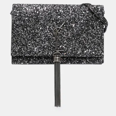 Pre-owned Saint Laurent Black Metallic Glitter Monogram Kate Tassel Chain Wallet