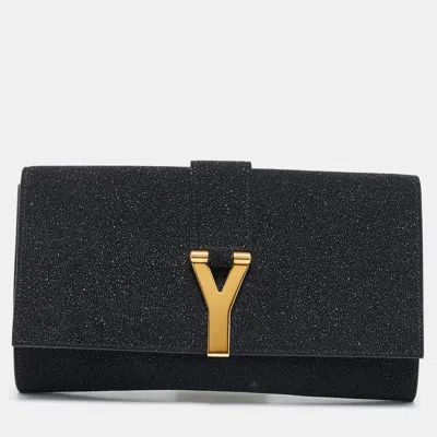 Pre-owned Saint Laurent Black Metallic Suede Y Line Flap Continental Wallet