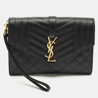 Pre-owned Saint Laurent Black Mix Matelasse Leather Envelope Flap Pouch