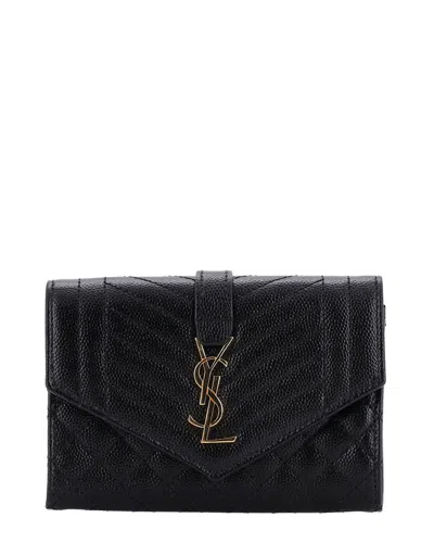 Pre-owned Saint Laurent Black Mixed Matelasse Leather Classic Monogram Flap Wallet Small (authentic Pre-loved)
