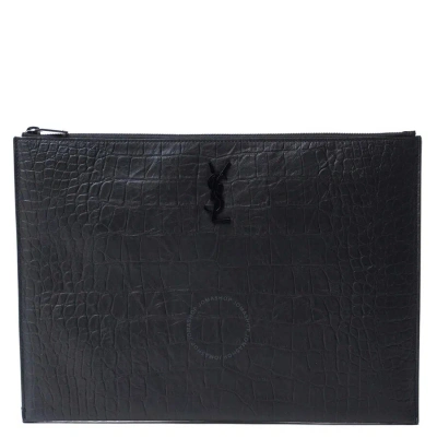 Saint Laurent Black Monogram Document Holder In Crocodile Embossed Leather