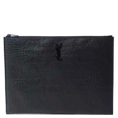 Pre-owned Saint Laurent Black Monogram Document Holder In Crocodile Embossed Leather