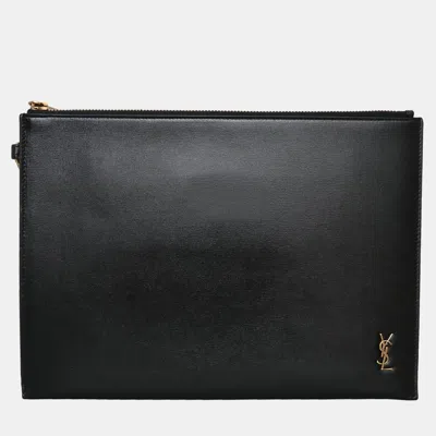 Pre-owned Saint Laurent Black Monogram Leather Clutch