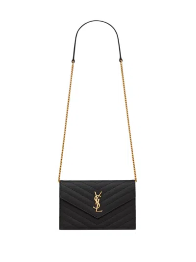 Saint Laurent Black Monogram Leather Wallet On Chain
