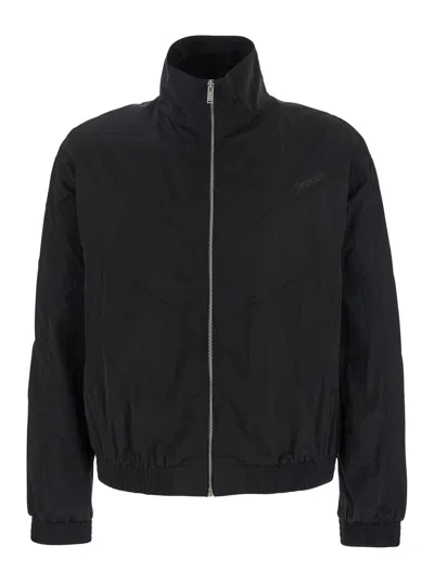 SAINT LAURENT BLACK JACKET WITH HIGH NECK AND LOGO LETTERING ON THE FRONT