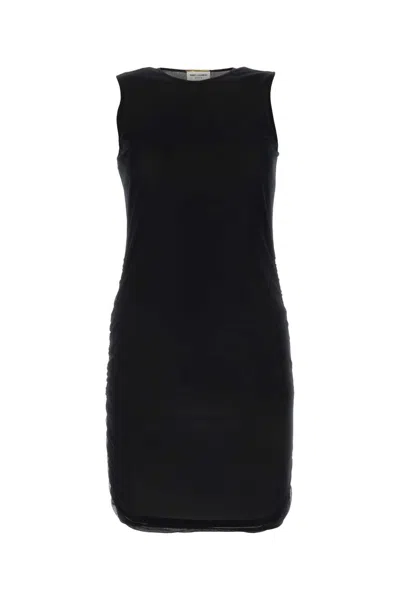 Saint Laurent Crewneck Ruched Detailed Mini Dress In Black