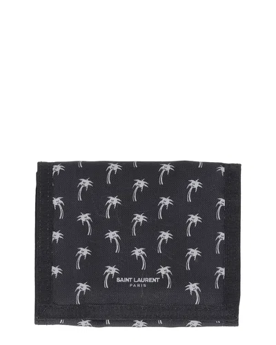 Pre-owned Saint Laurent Black Nylon Palm Tree Tri-fold Wallet (authentic Pre-loved)