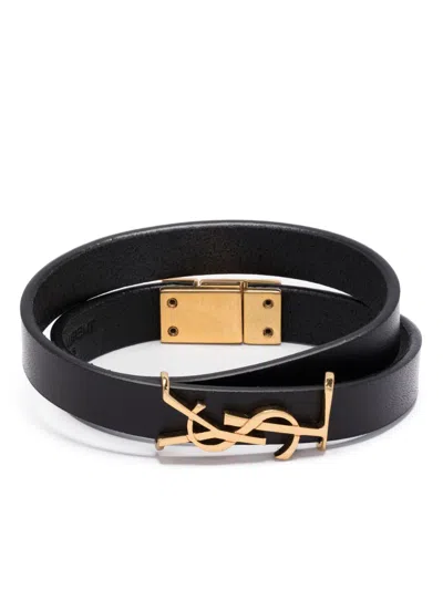 Saint Laurent Black Opyum Wrap Leather Bracelet In Gold