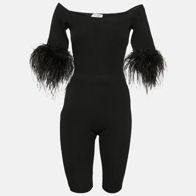 Pre-owned Saint Laurent Black Ostrich Feather Trim Rib Knit Jumpsuit Xs