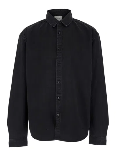 Saint Laurent Black Oversized Shirt With Tonal Cassandre Embroidery In Denim Man In Multicolor