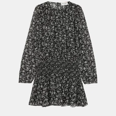 Pre-owned Saint Laurent Black Paisley Print Silk Mini Dress L (fr 42)