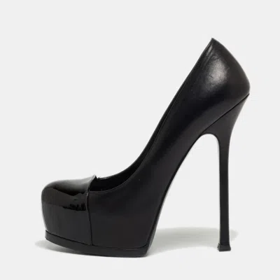 Pre-owned Saint Laurent Black Patent And Leather Tribtoo Platform Pumps Size 38.5